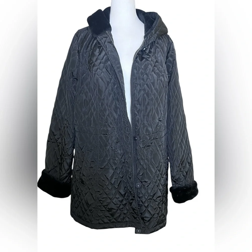 Dennis Basso NEW Women's XL Black Quilted Faux Fur Trim Hooded Coat‎ Drawstring